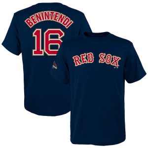 Fantastic Boston Red Sox #16 Andrew Benintendi Majestic Youth 2019 Gold Program Name & Number T Shirt Navy