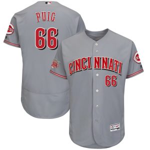 Fantastic Men's Reds #66 Yasiel Puig Majestic Gray 150th Anniversary Road Authentic Collection Flex Base Player Jersey