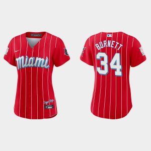 Fantastic Miami Marlins #34 A.J. Burnett Women's Nike 2021 City Connect Authentic MLB Jersey Red Retailers boost your inventory Order now to meet customer demand
