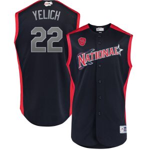 Fantastic National League #22 Christian Yelich Majestic 2019 MLB All Star Game Workout Player Jersey Navy