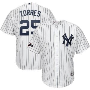 Fantastic New York Yankees #25 Gleyber Torres Majestic 2019 Postseason Official Cool Base Player Jersey White Navy