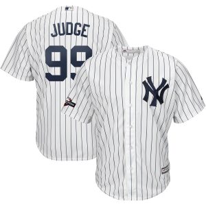 Fantastic New York Yankees #99 Aaron Judge Majestic 2019 Postseason Official Cool Base Player Jersey White Navy