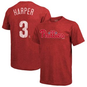 Fantastic Philadelphia Phillies #3 Bryce Harper Majestic Threads Name & Number Tri Blend T Shirt Red