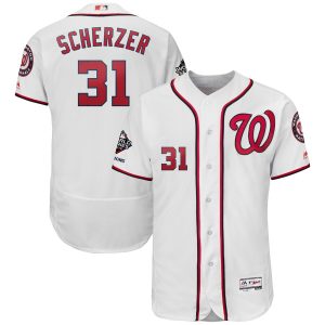 Fantastic Washington Nationals #31 Max Scherzer Majestic 2019 World Series Champions Home Flex Base Bar Patch Player Jersey White