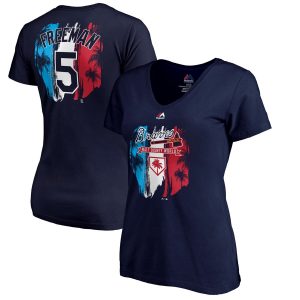 HighQuality Atlanta Braves #5 Freddie Freeman Majestic Women's 2019 Spring Training Name & Number V Neck T Shirt Navy