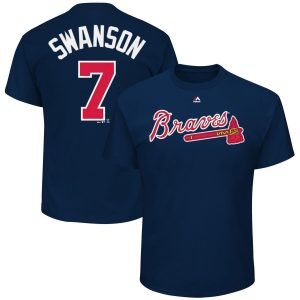 HighQuality Atlanta Braves #7 Dansby Swanson Majestic Official Name & Number Player T Shirt Navy