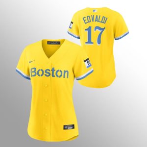 HighQuality Boston Red Sox #17 Nathan Eovaldi Women's Nike 2021 City Connect Gold Fans Version MLB Jersey With high demand Don't miss out Order now to wear your team colors