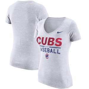 HighQuality Chicago Cubs Nike Women's Practice 1.7 Tri Blend V Neck T Shirt Heathered White