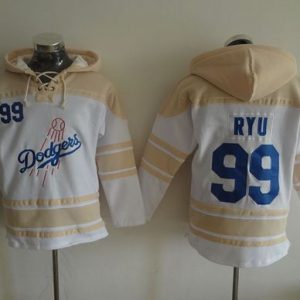 HighQuality Dodgers #99 Hyun Jin Ryu White Sawyer Hooded Sweatshirt MLB Hoodie
