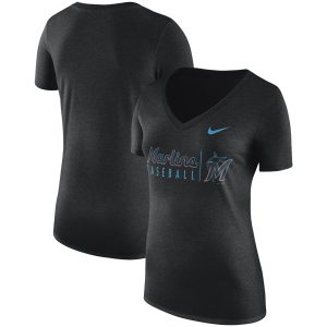 HighQuality Miami Marlins Nike Women's Practice Tri Blend V Neck T Shirt Black