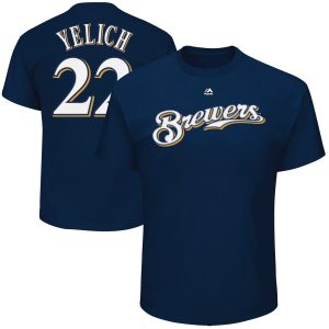 HighQuality Milwaukee Brewers #22 Christian Yelich Majestic Official Name & Number T Shirt Navy