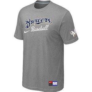 HighQuality Milwaukee Brewers Nike Short Sleeve Practice MLB T Shirt Light Grey