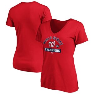 HighQuality Washington Nationals Majestic Women's 2019 World Series Champions Magic Number V Neck T Shirt Red