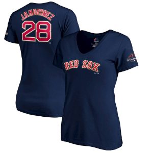 Impressive Boston Red Sox #28 J.D. Martinez Majestic Women's 2019 Gold Program Name & Number V Neck T Shirt Navy