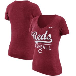 Impressive Cincinnati Reds Nike Women's Practice 1.7 Tri Blend V Neck T Shirt Heathered Red