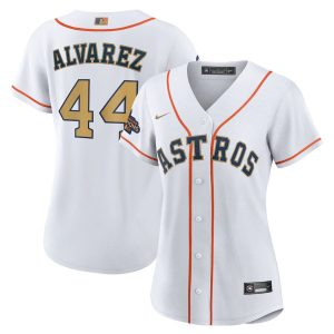 Impressive Houston Astros #44 Yordan Alvarez Nike White/Gold Women's 2023 Gold Collection Replica Player Jersey Collectors this is a must have Add it to your collection by ordering
