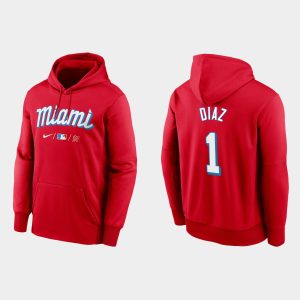 Impressive Miami Marlins #1 Isan Diaz Men's Nike 2021 City Connect Therma Hoodie Red