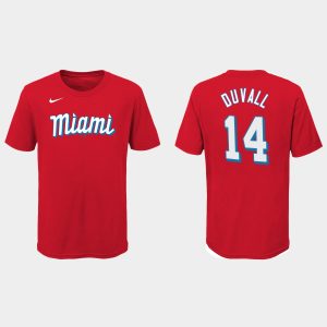 Impressive Miami Marlins #14 Adam Duvall Youth Nike 2021 City Connect Wordmark T Shirt Red Collectors this is a must have Add it to your collection by ordering