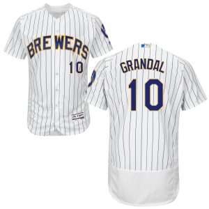 Impressive Milwaukee Brewers #10 Yasmani Grandal White Royal Flex Base Authentic Stitched MLB Jersey
