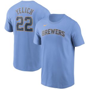 Impressive Milwaukee Brewers #22 Christian Yelich Nike Name & Number T Shirt Light Blue Collectors this is a must have Add it to your collection by ordering