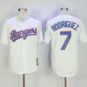 Impressive Mitchell And Ness Rangers #7 Ivan Rodriguez White Throwback Stitched MLB Jersey