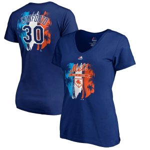 Impressive New York Mets #30 Michael Conforto Majestic Women's 2019 Spring Training Name & Number V Neck T Shirt Royal
