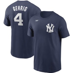Impressive New York Yankees #4 Lou Gehrig Nike Cooperstown Collection Name & Number T Shirt Navy For a short time available Grab yours quickly to own a team jersey