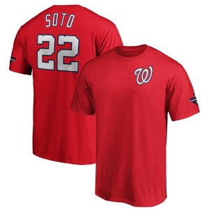 Impressive Washington Nationals #22 Juan Soto Majestic 2019 World Series Champions Name & Number T Shirt Red