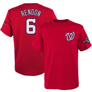 Impressive Washington Nationals #6 Anthony Rendon Majestic Youth 2019 World Series Champions Name & Number T Shirt Red