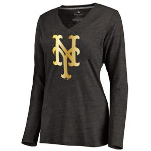Impressive Women's New York Mets Gold Collection Long Sleeve V Neck Tri Blend T Shirt Black