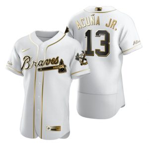 Outstanding Atlanta Braves #13 Ronald Acuna Jr. White Nike Men's Authentic Golden Edition MLB Jersey
