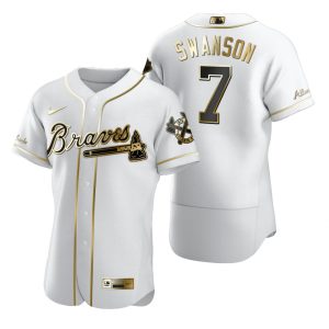 Outstanding Atlanta Braves #7 Dansby Swanson White Nike Men's Authentic Golden Edition MLB Jersey