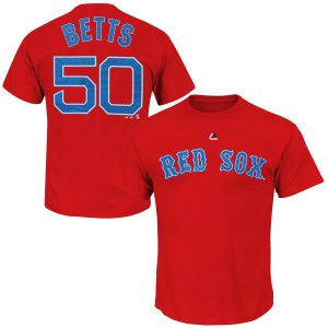 Outstanding Boston Red Sox #50 Mookie Betts Majestic Official Name and Number T Shirt Red
