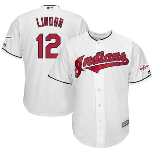 Outstanding Cleveland Guardians #12 Francisco Lindor Majestic Home 2019 All Star Game Patch Cool Base Player Jersey White