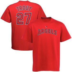 Outstanding Los Angeles Angels #27 Mike Trout Majestic Official Name and Number T Shirt Red