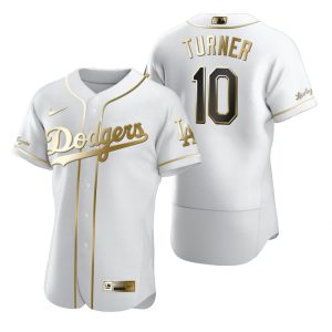 Outstanding Los Angeles Dodgers #10 Justin Turner White Nike Men's Authentic Golden Edition MLB Jersey