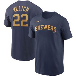 Outstanding Milwaukee Brewers #22 Christian Yelich Nike Name & Number T Shirt Navy Sports enthusiasts seize this opportunity Order now to feel the game excitement