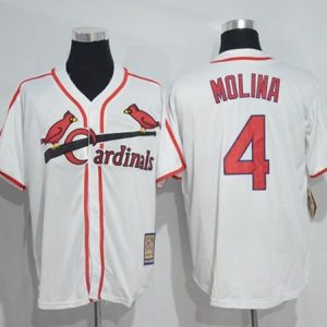 Outstanding Mitchell And Ness Cardinals #4 Yadier Molina White Throwback Stitched MLB Jersey