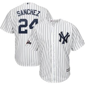 Outstanding New York Yankees #24 Gary Sanchez Majestic 2019 Postseason Official Cool Base Player Jersey White Navy