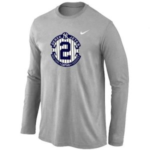 Outstanding Nike New York Yankees #2 Derek Jeter Official Final Season Commemorative Logo Long Sleeves T Shirt Light Grey