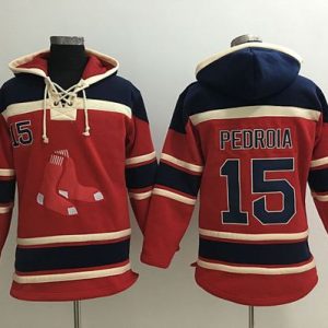 Outstanding Red Sox #15 Dustin Pedroia Red Sawyer Hooded Sweatshirt MLB Hoodie