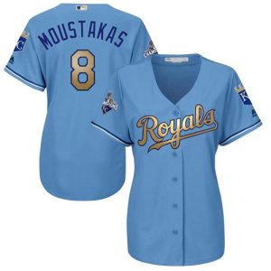 Outstanding Royals #8 Mike Moustakas Light Blue Women's 2015 World Series Champions Gold Program Cool Base Stitched MLB Jersey Sports enthusiasts seize this opportunity Order now to feel the game excitement