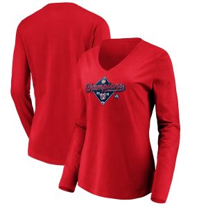 Outstanding Washington Nationals Majestic Women's 2019 National League Champions Bullpen Long Sleeve V Neck T Shirt Red