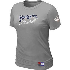 Outstanding Women's Milwaukee Brewers Nike Short Sleeve Practice MLB T Shirt Light Grey