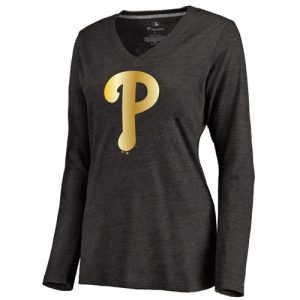 Outstanding Women's Philadelphia Phillies Gold Collection Long Sleeve V Neck Tri Blend T Shirt Black