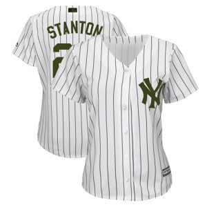 Outstanding Yankees #27 Giancarlo Stanton White Strip 2018 Memorial Day Cool Base Women's Stitched MLB Jersey Hurry Exclusive offer Place your order immediately for a great jersey