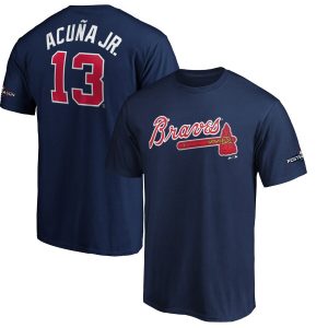 Premium Atlanta Braves #13 Ronald Acuna Jr. Majestic 2019 Postseason Name & Number T Shirt Navy