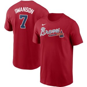 Premium Atlanta Braves #7 Dansby Swanson Nike Name & Number T Shirt Red Sports fans this is your chance Order soon to be part of the action