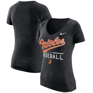 Premium Baltimore Orioles Nike Women's Practice 1.7 Tri Blend V Neck T Shirt Heathered Black