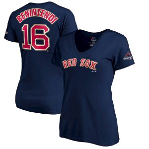 Premium Boston Red Sox #16 Andrew Benintendi Majestic Women's 2019 Gold Program Name & Number V Neck T Shirt Navy